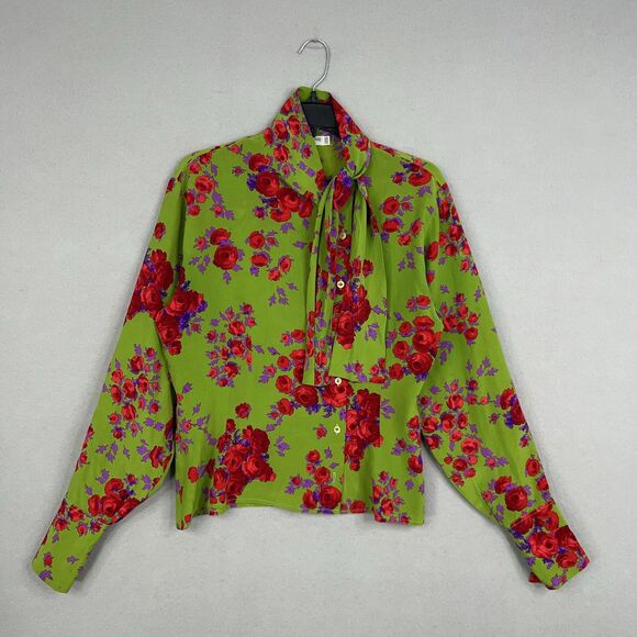 Vintage Celine Blouse Women Medium Green Red Floral Silk Scarf Tie France Luxury - Picture 1 of 16